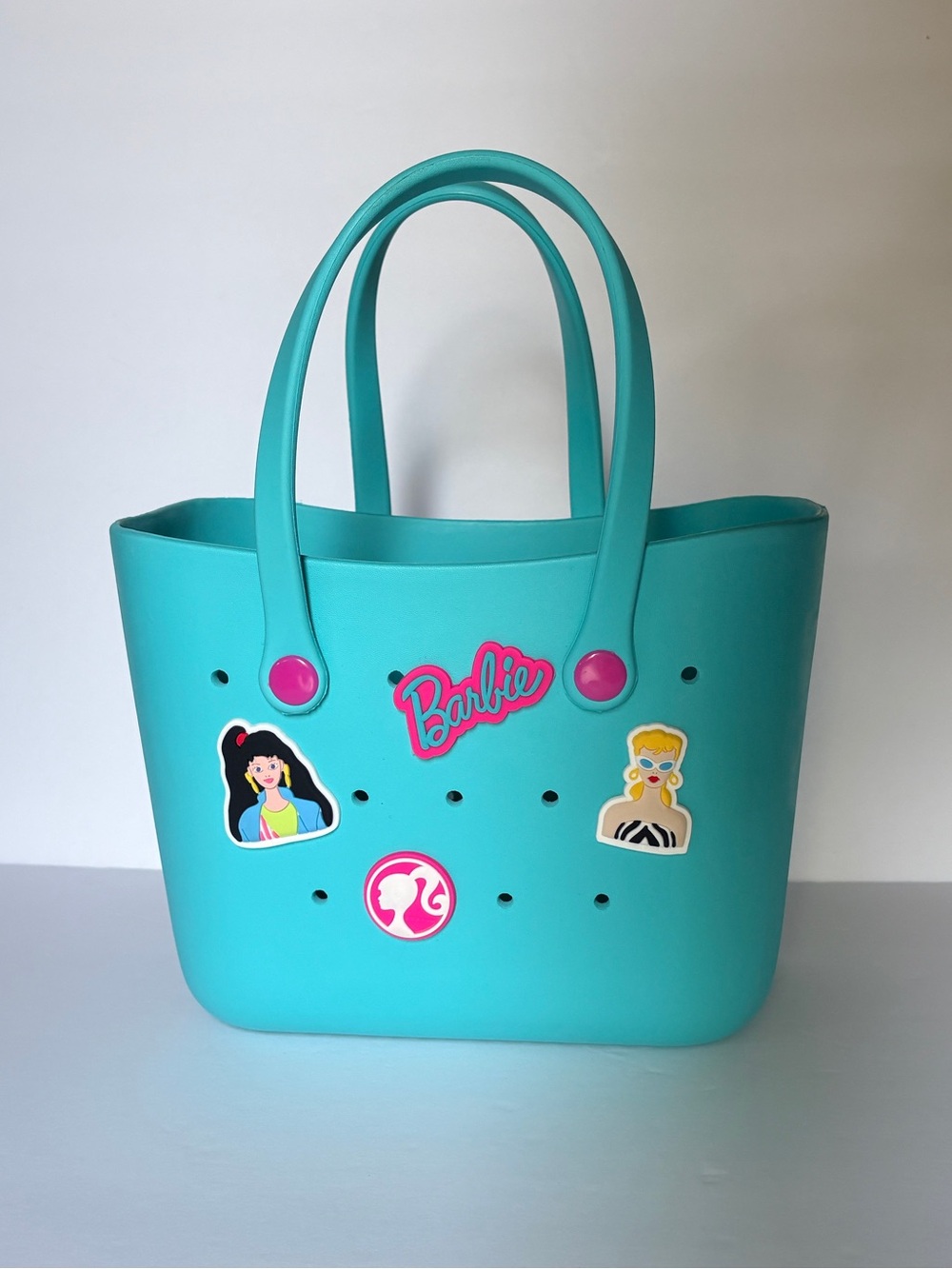 Miniso Barbie Turquoise Mini Tote with Pink Logo and Charms
